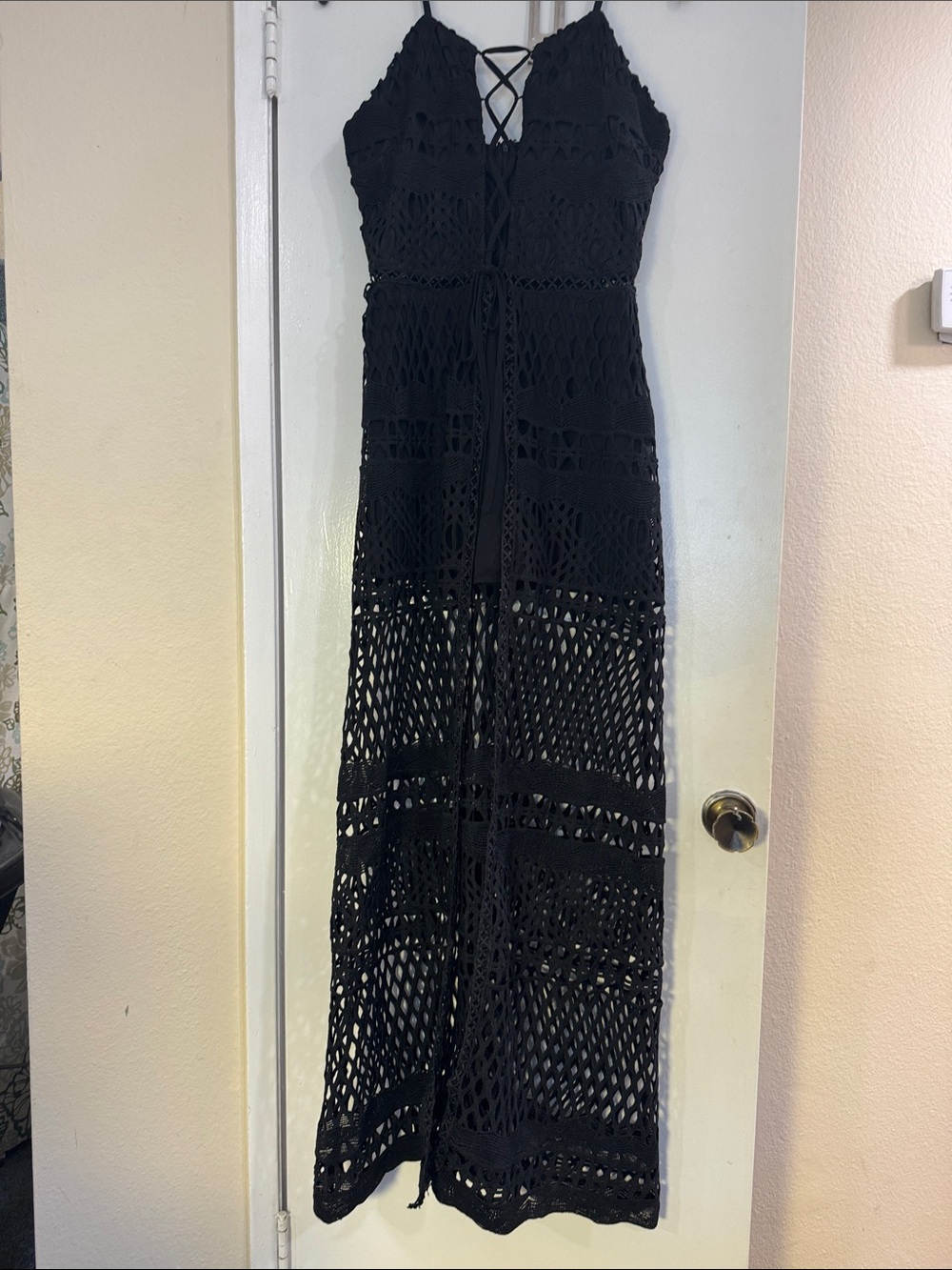 Women’s Black Crochet Maxi Dress - Sleeveless Lace-Up Front